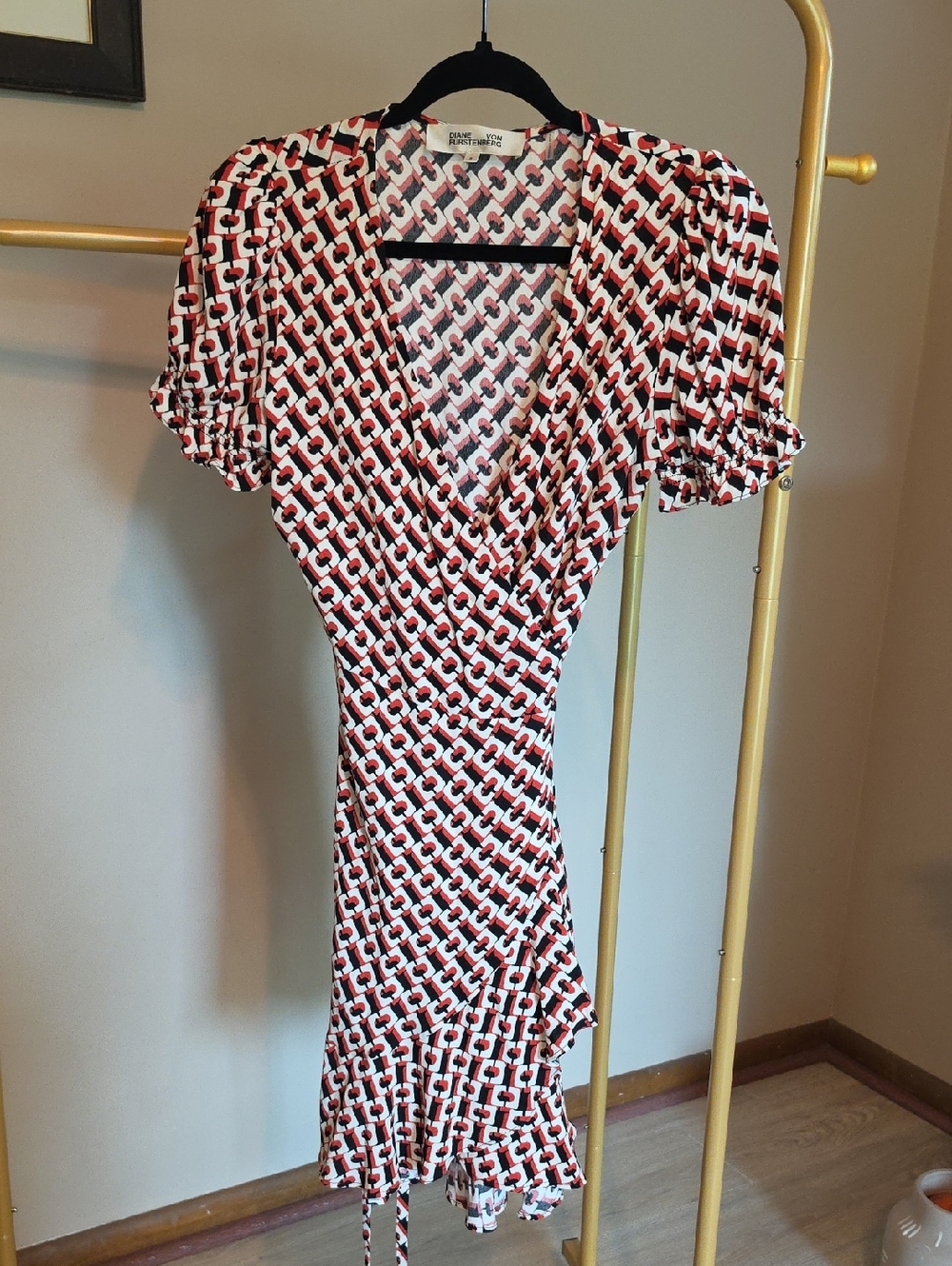 Diane Von Furstenberg Red & White Geometric Wrap Midi Dress
